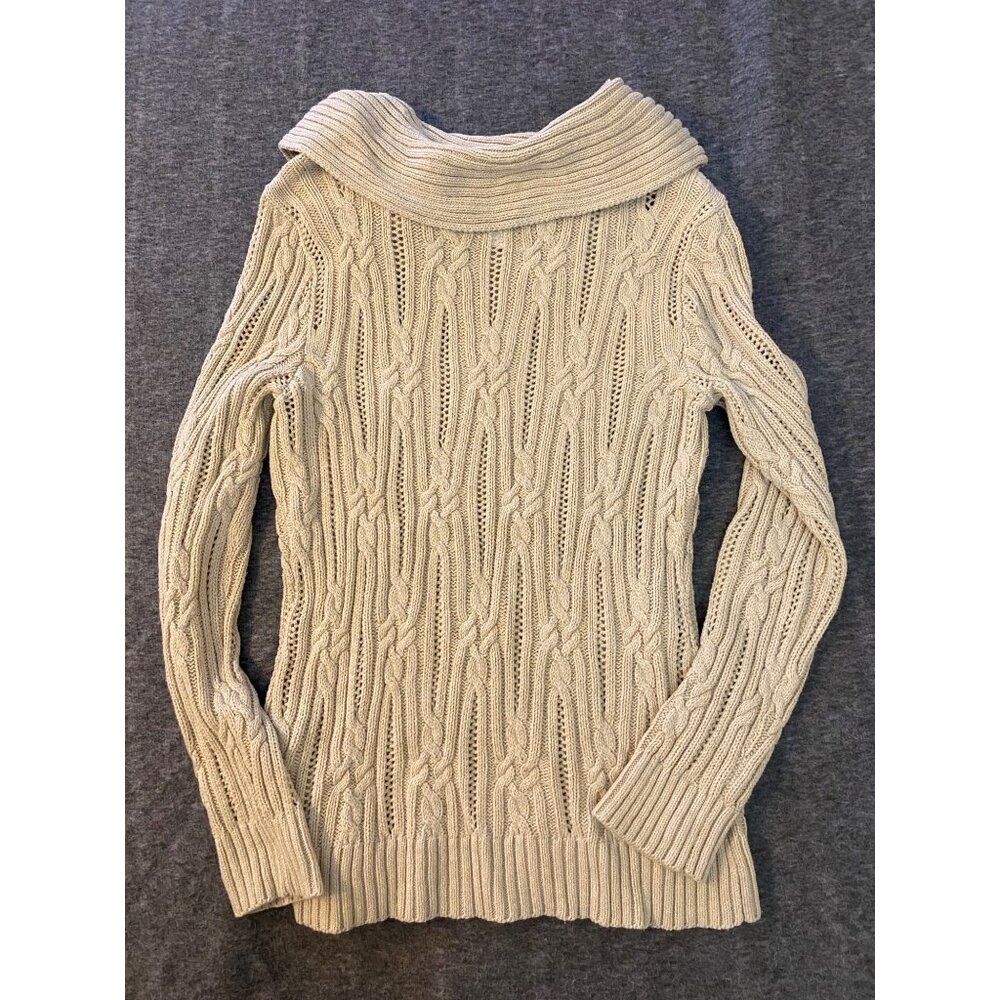 White House Black Market Beige Cable Knit Cowl Neck Sweater Womens Size Medium - Picture 7 of 7